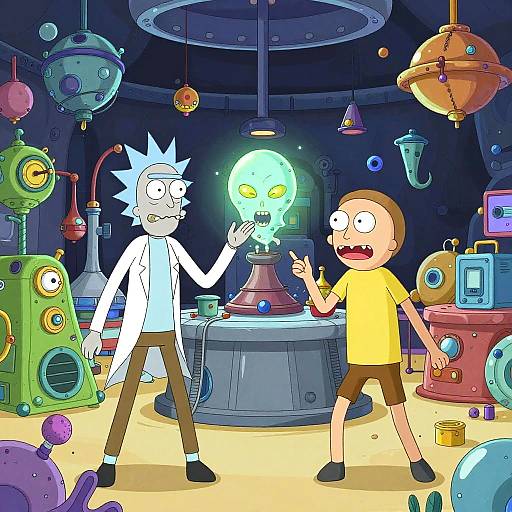 Digital cartoon of two boys in a colorful, cluttered sci-fi lab. One in a white lab coat, blue hair, holds a glowing light bulb