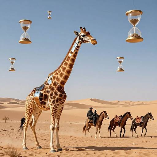 Photograph-style digital artwork: Tall giraffe with saddle stands in desert, surrounded by four mounted riders and five floating hourglasses under clear blue sky