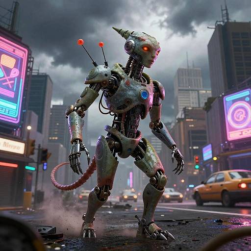 CGI cybernetic robot with red eyes and antennae, standing in a neon-lit, rainy urban street, surrounded by glowing billboards and