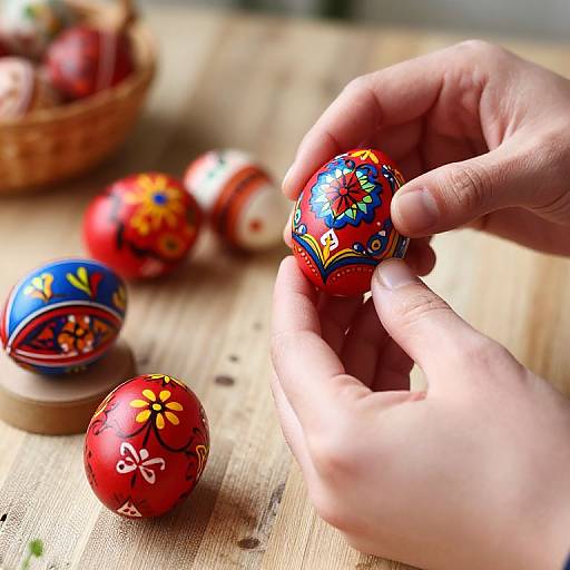 Photograph of hands delicately painting a vibrant red Easter egg with floral designs on a wooden table, surrounded by similarly decorated eggs.