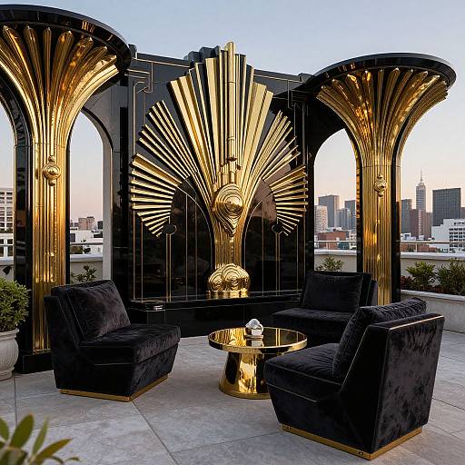Photograph of a luxurious rooftop lounge featuring black velvet armchairs, gold-accented round table, and ornate gold arches with radiant designs