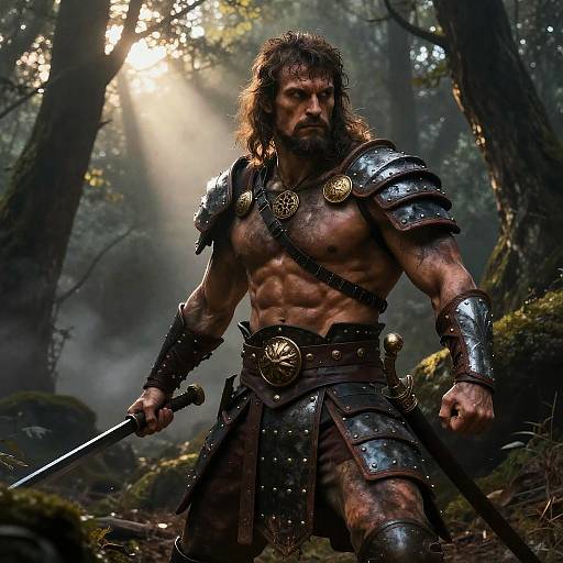 Photorealistic CGI of a muscular, bearded warrior with long hair, wearing metallic armor and leather skirt, holding a sword in a misty forest