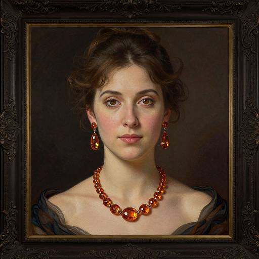 Digital painting of a young woman with fair skin, dark brown wavy hair, wearing a black dress, orange gemstone necklace, and matching earrings,