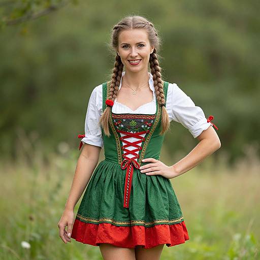 Photograph of a smiling young woman with braided brown hair, wearing a green and white traditional German dirndl dress with red accents, standing in a