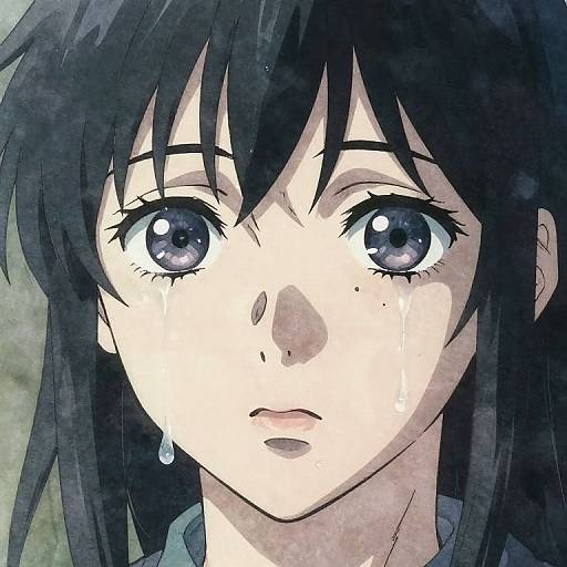 Anime-style digital drawing of a tearful girl with large, sad blue eyes, black hair, and a somber expression. A single tear drops from