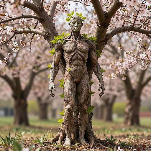 Photorealistic digital art of a muscular, leaf-covered tree-man standing in a cherry blossom-filled park, blending human and nature.