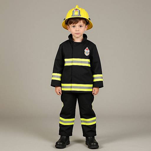 Photograph of a young boy in black firefighter uniform with yellow stripes, yellow helmet, standing against a plain gray background.