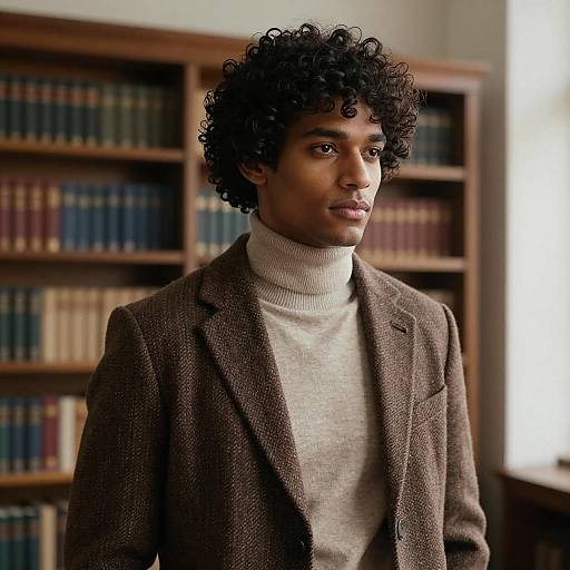 Photograph of a young Black man with curly hair, wearing a brown tweed blazer and light gray turtleneck, standing in a library with