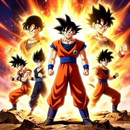 Digital artwork of Super Saiyan Goku and five smaller versions, standing in a fiery, explosive background, wearing orange and blue martial arts attire. Bright colors