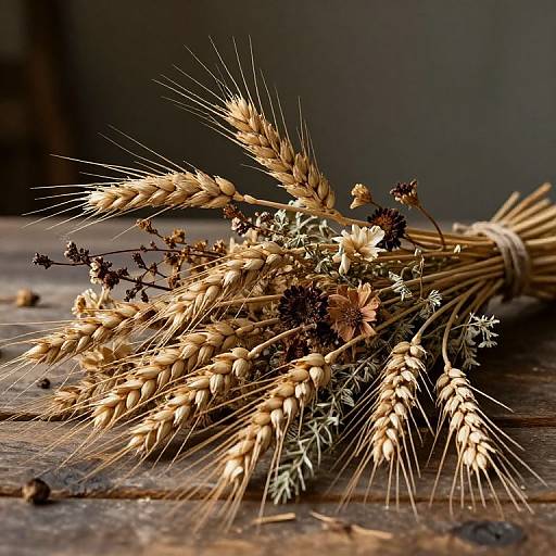 Photograph of a bundled wheat stalk with dried flowers, lying on a rustic wooden surface, bathed in warm, natural light.