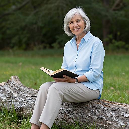 Photograph of a smiling elderly woman with short gray hair, wearing a light blue shirt and beige pants, reading a book on a fallen log in a