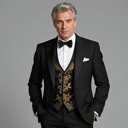 Photograph of a middle-aged man with gray hair, wearing a black tuxedo with gold embroidery, black bow tie, white shirt, and pocket