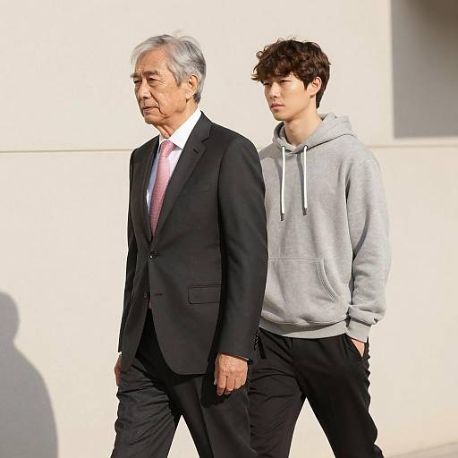 Two Men Walking in Sunlit Setting