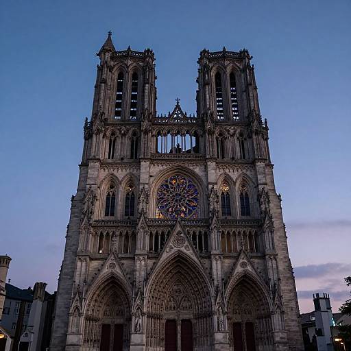 Photograph of Notre-Dame Cathedral at dusk, showcasing its intricate Gothic architecture, large rose window, and towering twin spires against a blue sky.