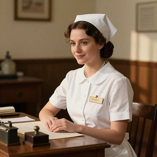 Photograph of a smiling, fair-skinned, brown-haired nurse in a white uniform and cap, seated at a wooden desk with papers and black ink