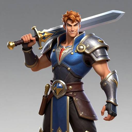 CGI image of a muscular, brown-haired male warrior with blue and silver armor, holding a large sword over his shoulder.