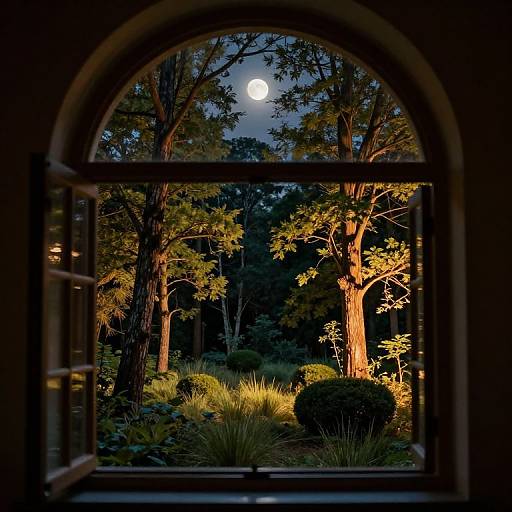 Serene Moonlit Forest Through Window