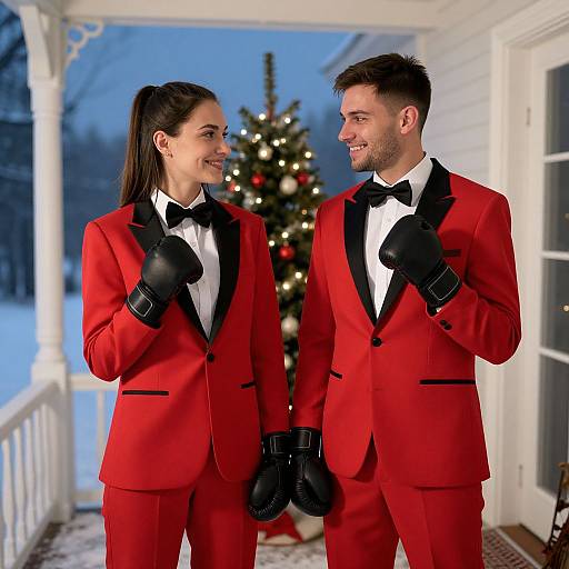 Photograph of a smiling couple in red tuxedos with black gloves, standing on a snowy porch with a decorated Christmas tree.