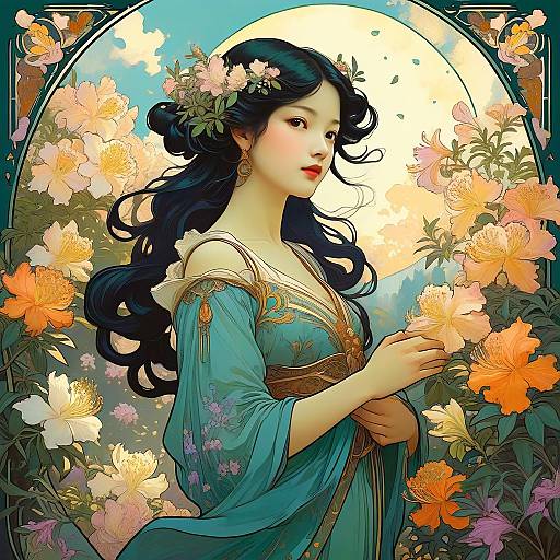 Art Nouveau Woman in Azalea Garden