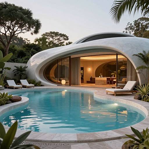 Photograph of a modern, white, organic-shaped pool house with a curved roof, illuminated interior, and a glowing blue swimming pool at dusk, surrounded