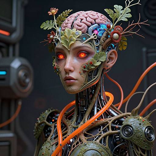 Digital CGI art of a cybernetic woman with glowing red eyes, mechanical face, brain-like head, floral and wire accessories, in a dark,