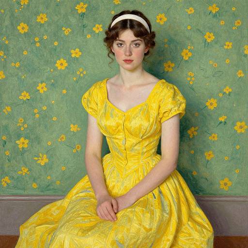 Digital painting of a pale-skinned woman with dark hair, wearing a yellow floral dress and white headband, seated against a green floral wallpaper.