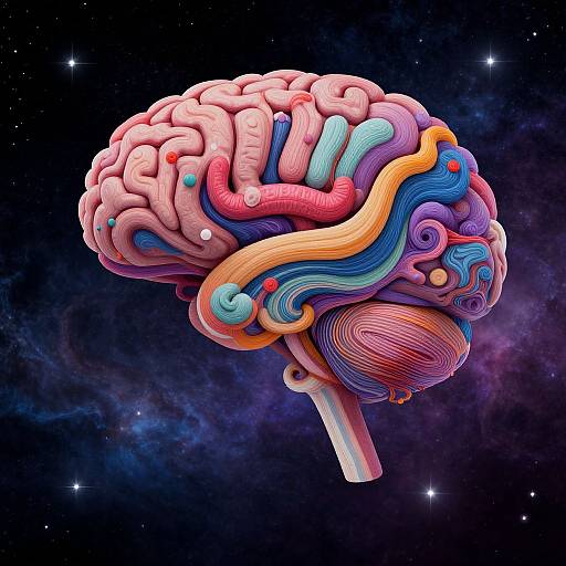 Digital art of a vibrant, multicolored brain floating in space, featuring swirling pink, blue, orange, and yellow patterns against a starry,