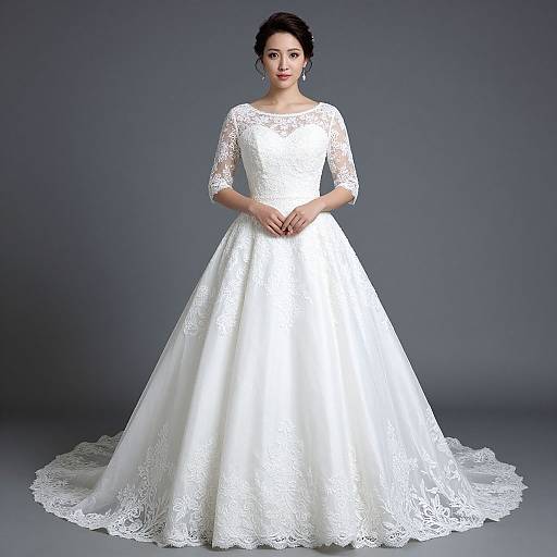 Photograph of a young Asian bride with dark hair in an elegant, white lace wedding dress with three-quarter sleeves and a full, flowing skirt, standing