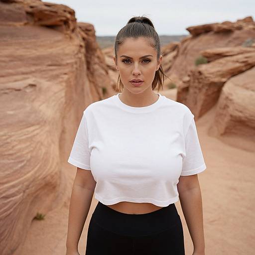 Photograph of a woman with dark hair in a high ponytail, wearing a white crop top and black pants, standing in front of red rock formations
