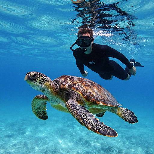 Photograph of a scuba diver in black gear following a sea turtle underwater, with vibrant blue water and clear sandy seabed.