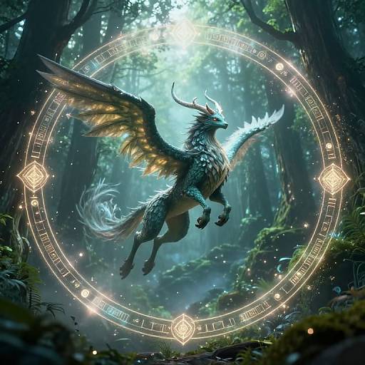 Digital fantasy artwork: A majestic, winged dragon with glowing feathers and antlers, mid-leap, within a glowing, mystical forest circle.