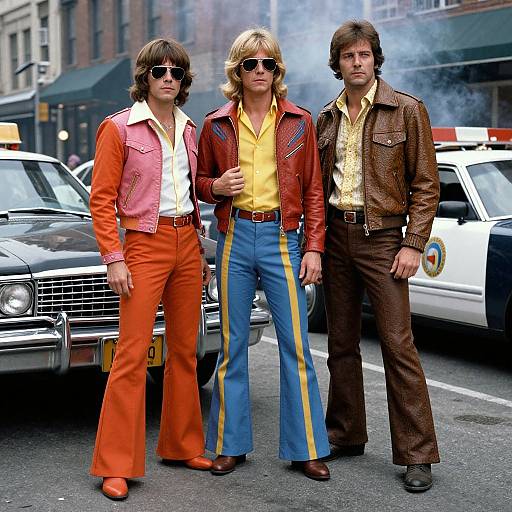 Photograph of three men in 1970s fashion, wearing bright orange, blue, and brown jackets, standing on city street with smoking cars.