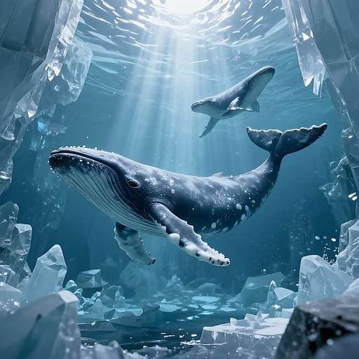 Photorealistic underwater photograph of a large blue whale and smaller whale swimming through an icy cave with sunlight filtering through.