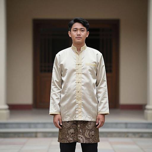 Photograph of a young Asian man with short black hair, wearing a shiny gold silk traditional shirt and patterned brown skirt, standing in front of a