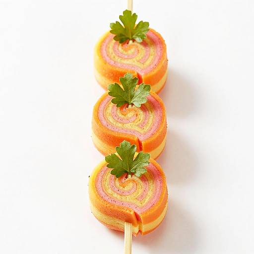 Photograph of three vibrant, orange-fleshed beetroot skewers with green parsley tops, neatly arranged vertically on a white background.