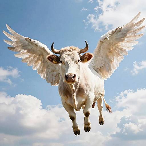 Winged White Cow Soaring Skyward
