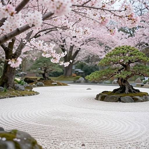 Photograph of a serene Japanese garden with a calm raked gravel pond, pink cherry blossoms, and a moss-covered bonsai tree under a bloss