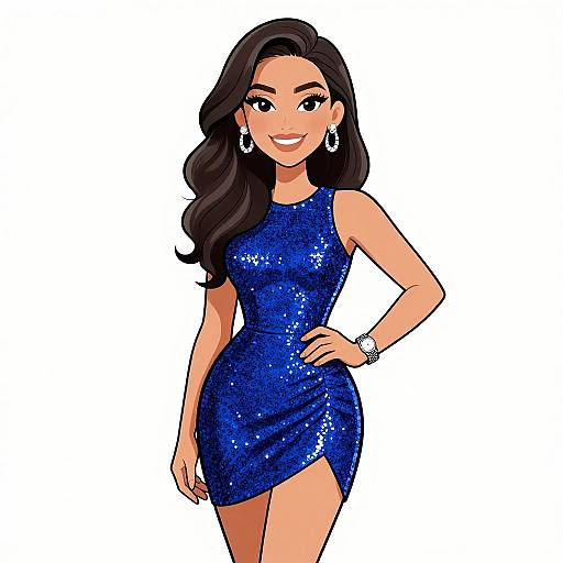 Digital illustration of a smiling woman with long black hair, wearing a sparkling blue, sleeveless, high-slit dress, and silver earrings.
