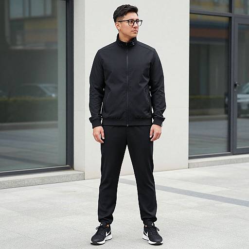 Photograph of a young Asian man with short black hair, glasses, wearing a black tracksuit and black sneakers, standing outdoors against a modern glass building