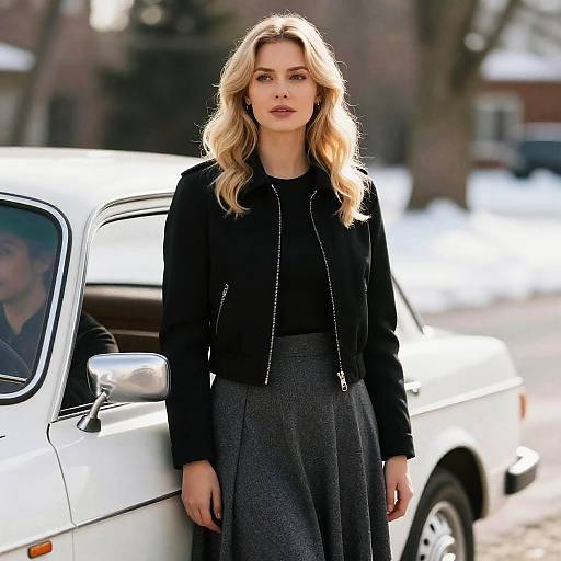 Blonde Woman by Vintage Car in Snow