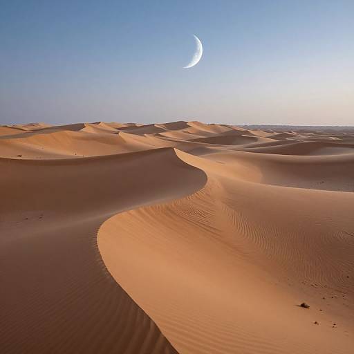 Photograph of a vast desert with rippled sand dunes under a clear blue sky, featuring a crescent moon near the horizon.