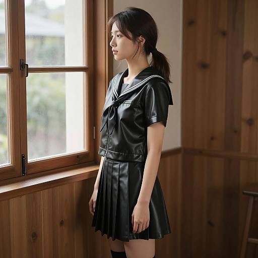 Asian Woman in Black Leather Sailor Outfit by Window