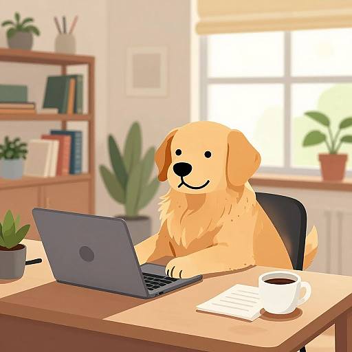 Digital drawing of a golden retriever sitting at a desk, working on a laptop, with a coffee cup and paper nearby. Bright office background with plants