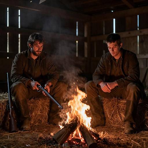 Men in Rustic Barn with Fire