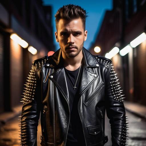 Man in Spiked Leather Jacket at Night