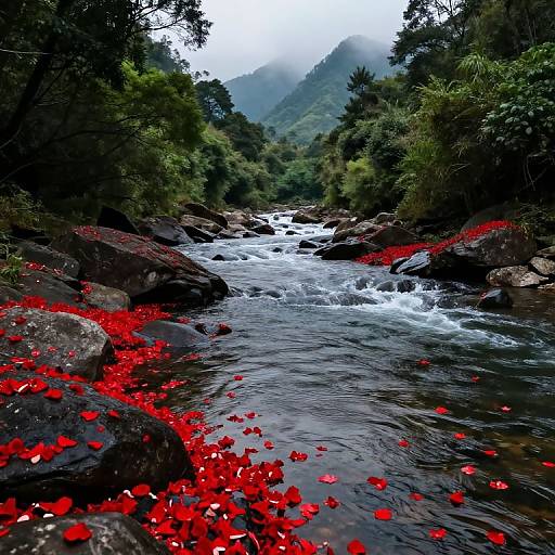Serene River Valley with Red Petals