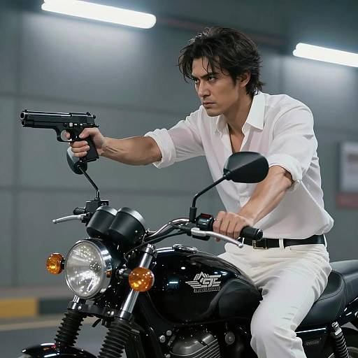 Intense Motorcycle Rider in Industrial Setting