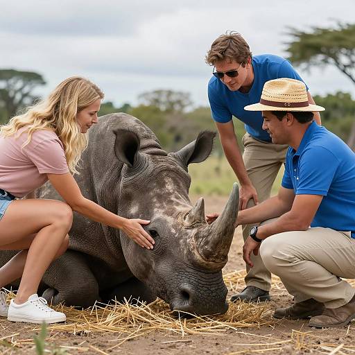 People interacting with a resting rhinoceros