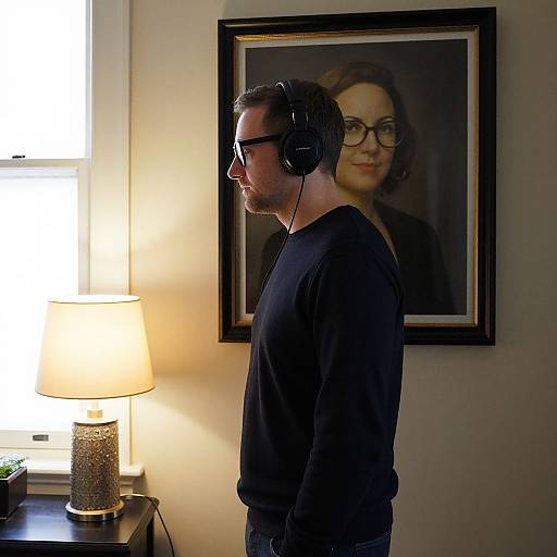 Photograph of a man in profile, wearing headphones, black shirt, and glasses, standing in a room with a lit lamp and framed portrait on the
