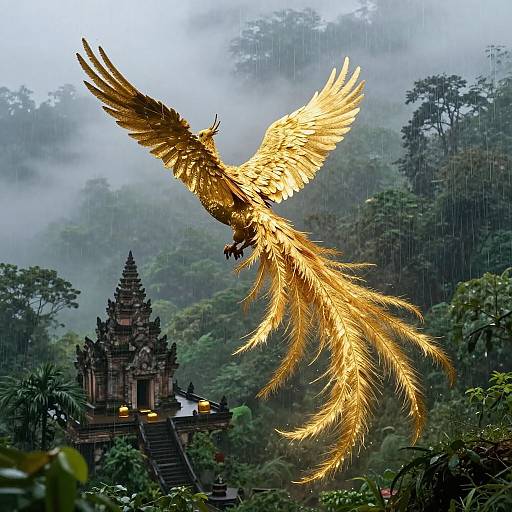 Golden winged phoenix soaring above misty, rain-filled jungle temple with detailed, dark stone architecture in the background. Photorealistic digital art.